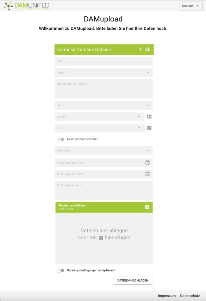 DAM United DAMupload – Hauptformular vertikal
